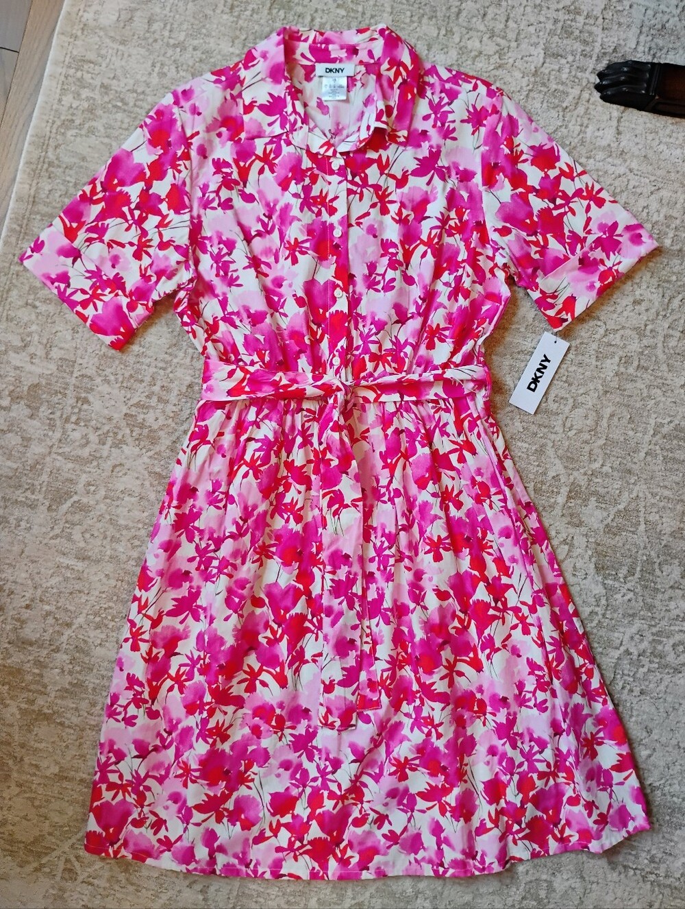 NWT 4 DKNY Pink And Red Floral Short Sleeve Midi Full Skirt Shirt Dress NEW - Picture 10 of 12